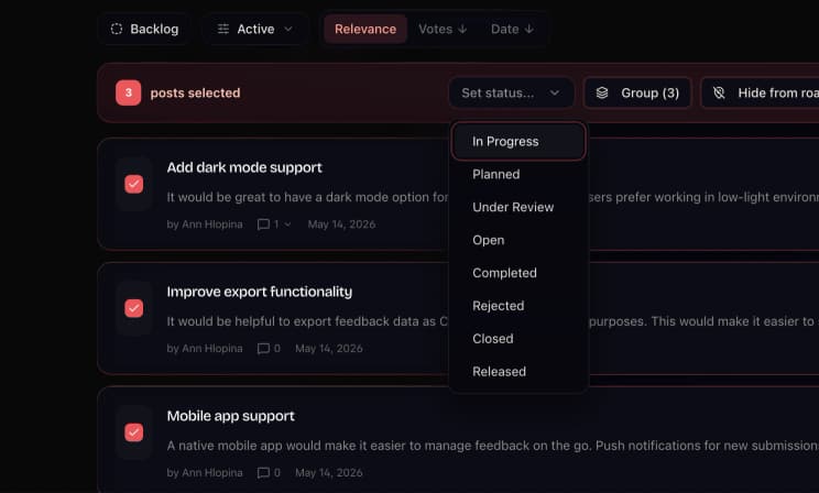 The admin dashboard with batch selection and a status menu open
