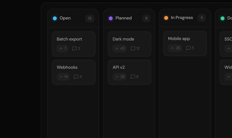A roadmap with Open, Planned, In Progress and Done columns